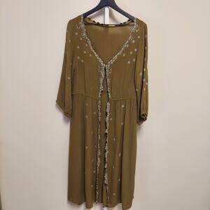 Olive Green Embroidered Longline Cardigan Duster Fairy Grunge Cottage M/L